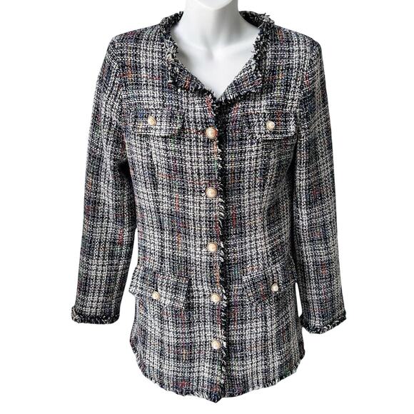 Fringed Plaid Tweed Jacket Womens S Blue White Blazer Classic Professor Academia - Picture 1 of 16